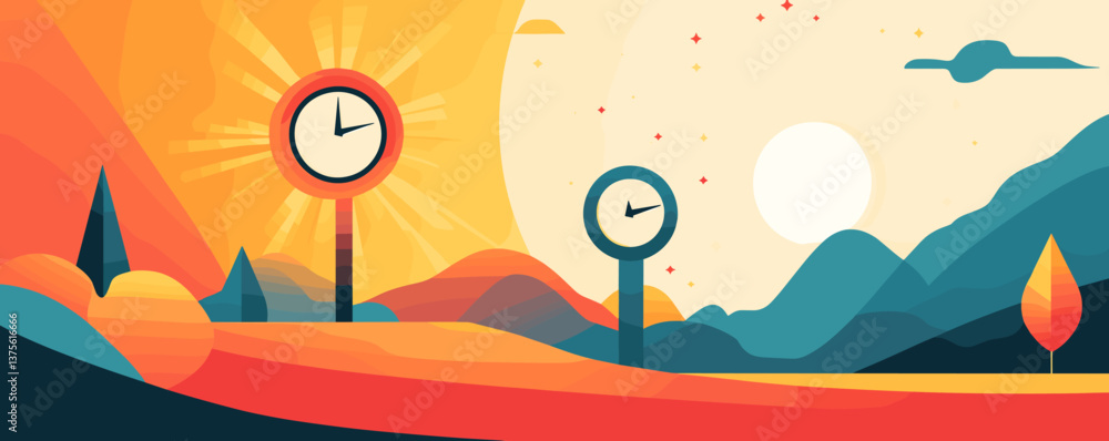 Obraz premium Surreal landscape with clocks and mountains in vibrant colors – vector.