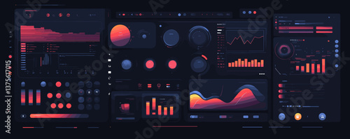 Futuristic dashboard with charts and graphs in dark theme, data visualization elements vector.