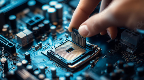 Hands Delicately Installing a Microprocessor Onto a Motherboard in a Tech Workshop