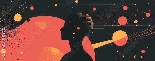 Silhouette of abstract human head with cosmic elements and geometric patterns - vector.