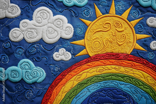 Embroidered logo with a rainbow, yellow sun, and white clouds on a blue background