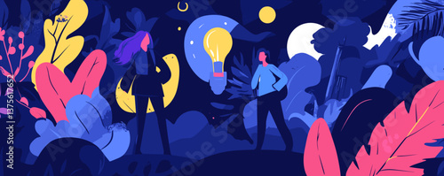 Creative nighttime brainstorming scene with two people and light bulb in nature - vector.