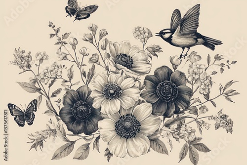 Wallpaper Mural Vintage Botanical Illustration of Peonies, Butterflies, and Birds in Monochrome Torontodigital.ca