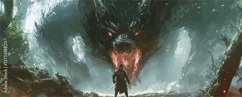 Warrior facing a fierce dragon in a mystical forest battle scene, epic fantasy adventure art - vector.