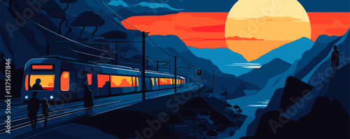 Scenic sunset train journey in mountain landscape with silhouettes – vector.