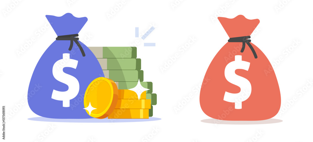 Fototapeta premium Money stack pile with cash bag sack modern trendy icon graphic design illustration set, golden coins save value storage flat cartoon image clip art