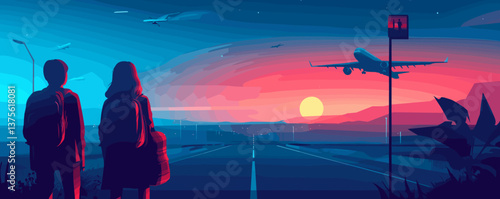 Two travelers at sunset airport runway watching airplane landing in silhouette - vector.