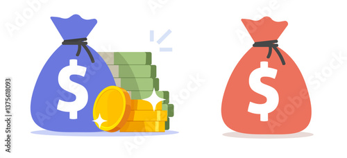 Money stack pile with cash bag sack modern trendy icon graphic design illustration set, golden coins save value storage flat cartoon image clip art