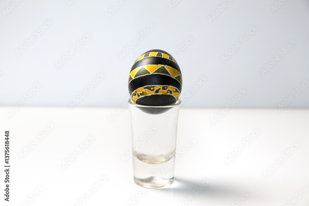 A bright yellow and black Easter egg set against a white background, creating a bold and modern contrast. Minimal Easter
