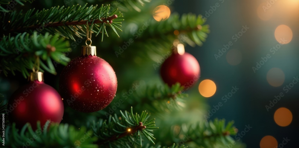 Shiny ornaments on a decorated evergreen Christmas tree, shiny lights, christmas tree Shiny ornaments on a decorated evergreen Christmas tree, shiny lights, christmas tree