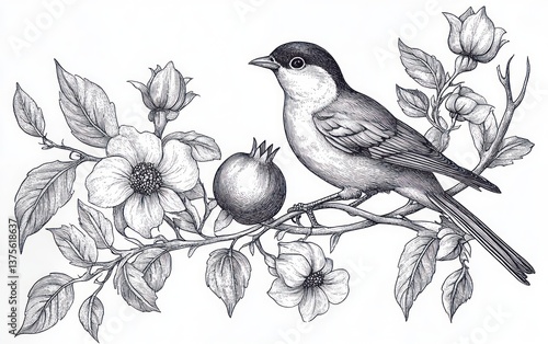 Detailed illustration of nightingale bird on branch with pomegranate fruits and flowers in vintage style