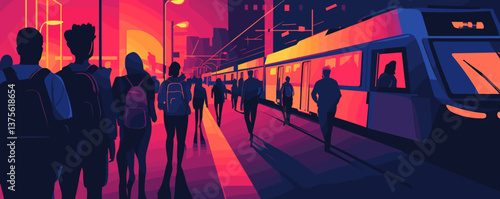 Urban commuters at sunset with train in vibrant cityscape vector.