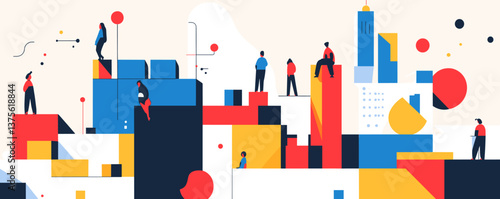 Abstract urban scene with geometric shapes and people, modern cityscape art - vector.