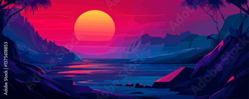 Vibrant sunset over tranquil ocean with mountain silhouette at dusk - vector.
