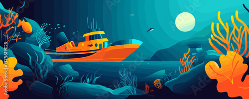 Vibrant underwater scene with boat and coral reef at night – vector.