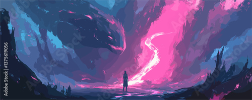 Mysterious landscape with giant dragon silhouette and person at dawn - vector.