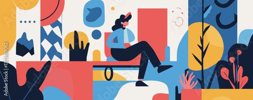 Abstract nature-inspired scene with person sitting on a bench – vector.
