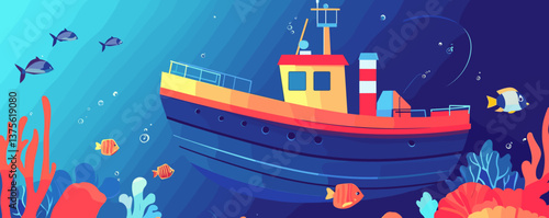 Colorful fishing boat underwater adventure with coral reefs and fish - vector.