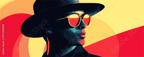 Stylish person with hat and sunglasses against colorful background - vector.