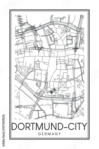 Hand drawn printable downtown road map poster of borough DORTMUND-CITY of the German city of DORTMUND on solid white background with city name