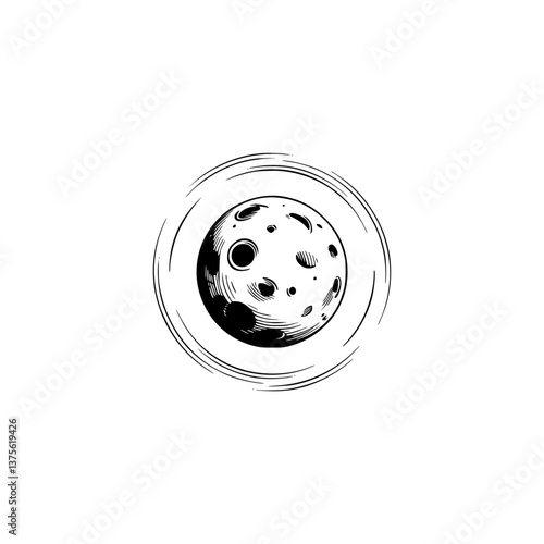 Engraved Moon with Orbit – Minimalist Black and White Illustration