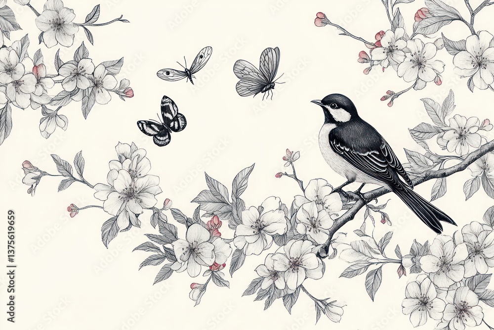 Seamless Pattern of Birds and Flowers on Branches, Vintage Floral Design with Butterflies and Dragonfly Seamless Pattern of Birds and Flowers on Branches, Vintage Floral Design with Butterflies and Dragonfly