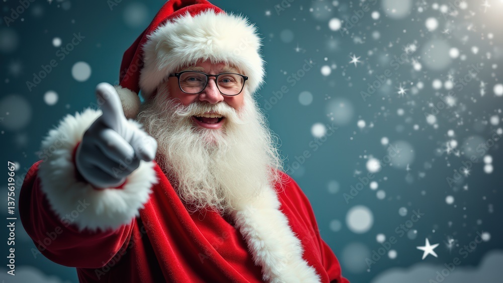 Smiling Santa Claus pointing on blank advertisement banner background with copy space Smiling Santa Claus pointing on blank advertisement banner background with copy space