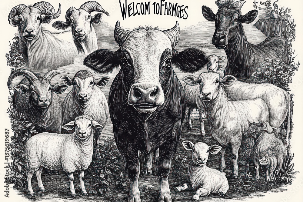 Fototapeta premium Vintage Farmhouse Illustration of Cows Goats Sheep Pigs Donkeys and More
