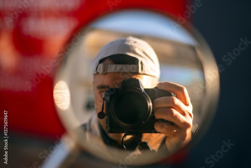 Fotografie man with a camera reflection in a miror
