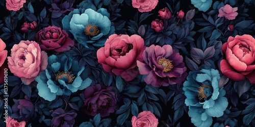 Wallpaper Mural Seamless Vibrant Floral Pattern with Peonies and Roses on Black Background Torontodigital.ca