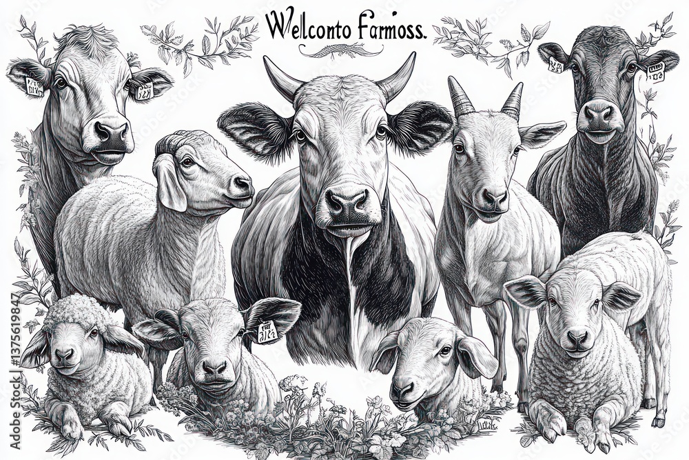 Fototapeta premium Vintage Farm Animals Engraving Cows Goats Sheep Pigs Donkeys Rustic Farmhouse Illustration