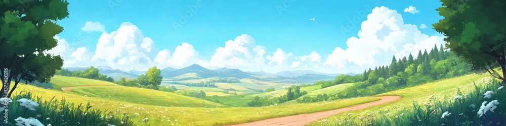 Naklejka premium A picturesque countryside landscape with rolling hills, a dirt road, and wide open skies, perfect for adding promotional text.