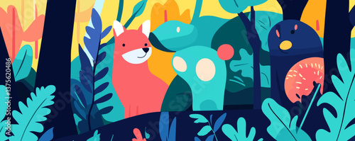 Vibrant forest scene with cartoon animals in a colorful jungle vector.