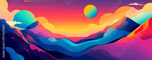 Colorful abstract landscape with mountains and surreal sky at sunset vector.