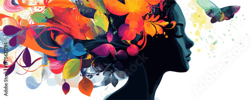 Colorful artistic profile with floral hair and butterfly in abstract design - vector.