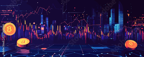 Cryptocurrency market trends with city skyline background and bitcoin symbols - vector.