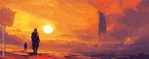 Adventurers walking toward tower at sunset in surreal landscape, warm colors - vector.