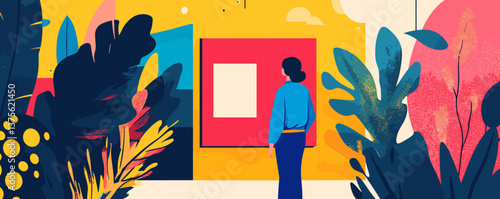 Abstract art gallery with woman viewing colorful exhibit in vibrant setting - vector.