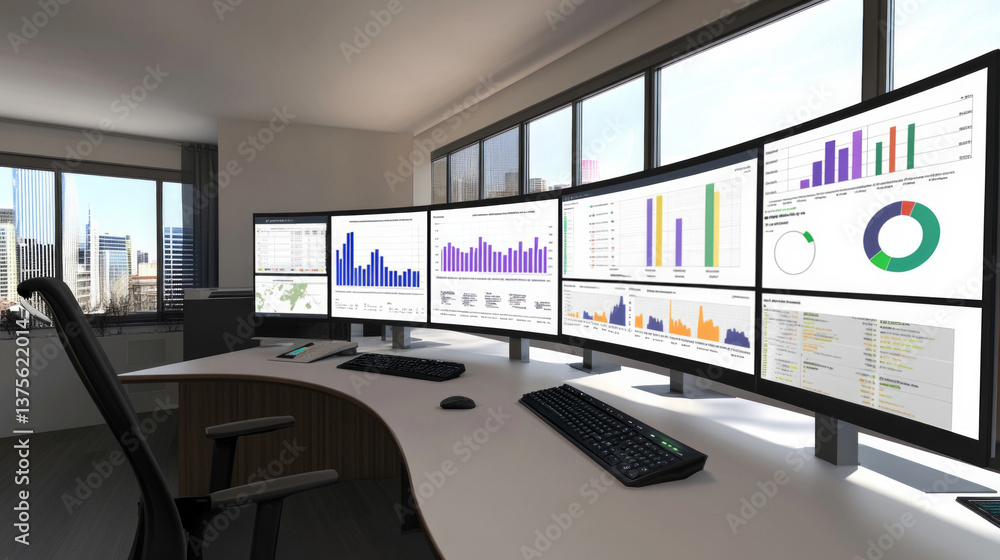 Multiple monitors in a modern workspace showcase diverse analytics, providing insights for data-driven decision making in a bright, urban environment. Multiple monitors in a modern workspace showcase diverse analytics, providing insights for data-driven decision making in a bright, urban environment.