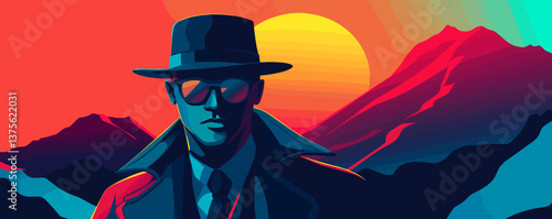 Mysterious man in hat and coat with sunglasses against colorful mountain sunset vector.
