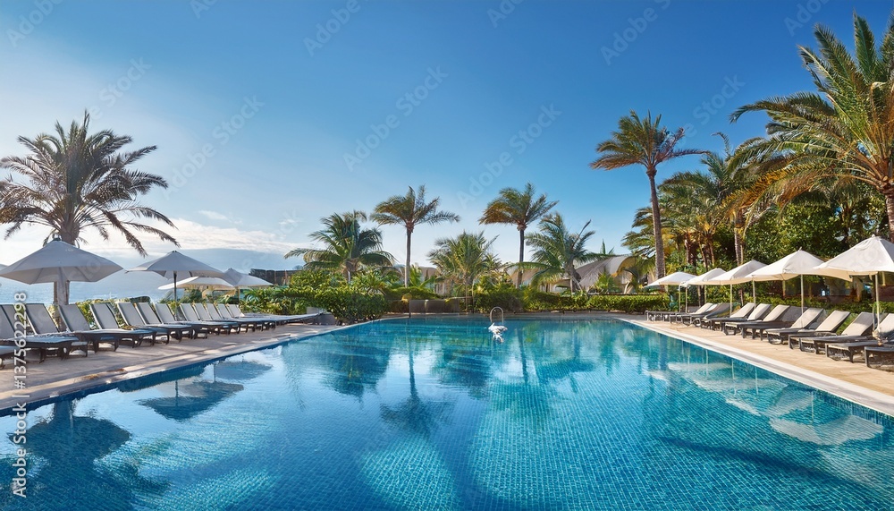 Fototapeta premium tropical resort pool with lounge chairs umbrellas and palm trees perfect vacation spot for relaxation and leisure activities