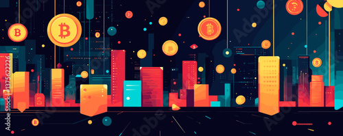 Futuristic cityscape with floating cryptocurrencies in night sky - vector.