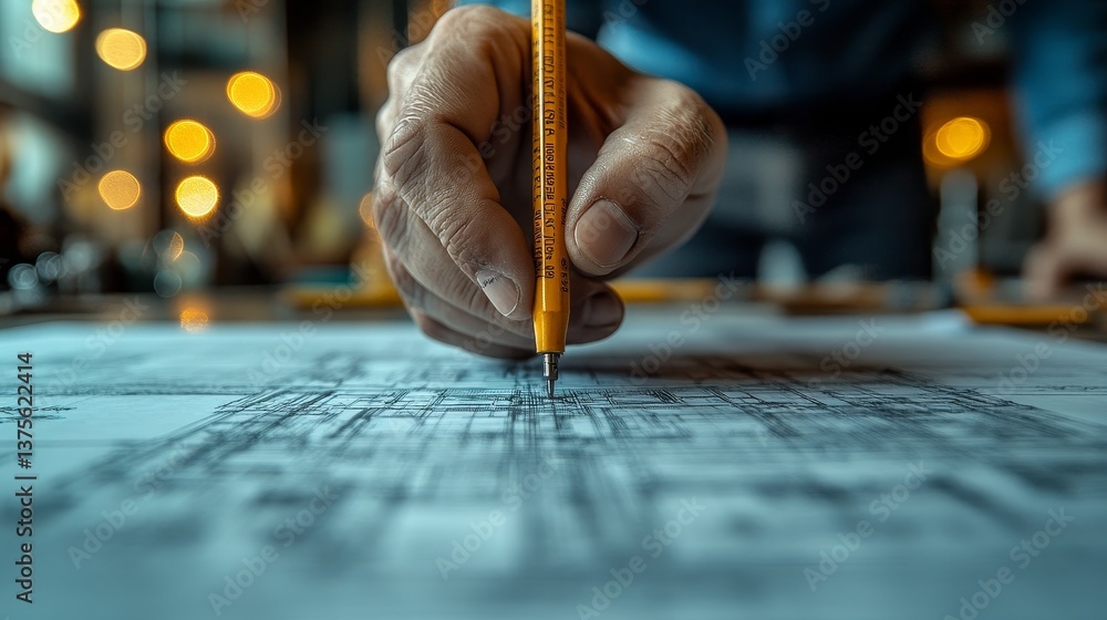 Obraz premium A man working on an architectural design project, sketching on a blueprint in a creative studio, illustrating the process of construction, industrial engineering, and eco-friendly planning.