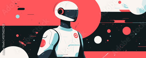 Futuristic space robot with astronaut helmet in abstract galactic background - vector.