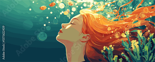 Tranquil underwater scene with red-haired woman surrounded by bubbles and fish - vector.