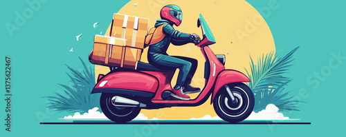 Delivery service on red scooter at sunset, tropical vibes with palm leaves – vector.