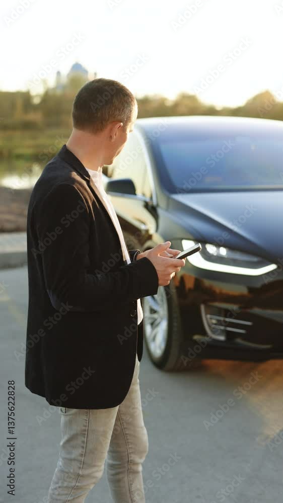 Vertical Video of businessman controls a self-driving electric car using mobile application. Autonomous autopilot driverless car. Smartphone app. Sensor scanning road ahead for vehicles, speed limits Vertical Video of businessman controls a self-driving electric car using mobile application. Autonomous autopilot driverless car. Smartphone app. Sensor scanning road ahead for vehicles, speed limits