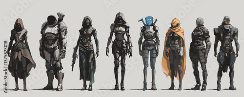 Futuristic sci-fi characters lineup in armor and hooded robes on white background, vector.