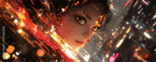 Futuristic female face with abstract light streaks in digital art style - vector.