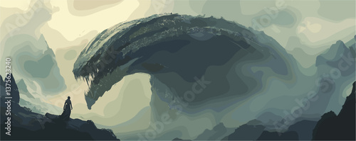 Mysterious figure faces giant sea monster amid misty landscape - vector.